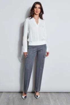 Elie Tahari Silk Contour Neck Rib Trim Shirt- Tops & Sweaters