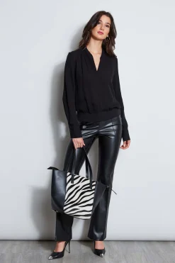 Elie Tahari Silk Contour Neck Rib Trim Shirt- Tops & Sweaters