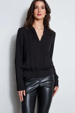 Elie Tahari Silk Contour Neck Rib Trim Shirt- Tops & Sweaters