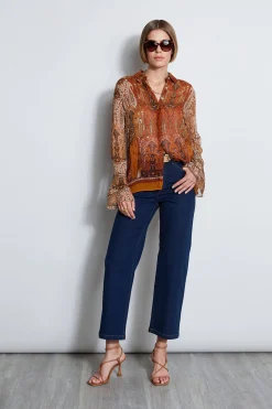 Elie Tahari Silk Crinkle Chiffon Raj Paisley Shirt- Tops & Sweaters