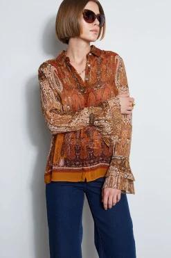 Elie Tahari Silk Crinkle Chiffon Raj Paisley Shirt- Tops & Sweaters