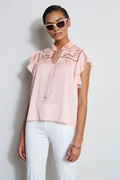 Elie Tahari Silk Embroidered Flutter Sleeve Shirt- Tops & Sweaters