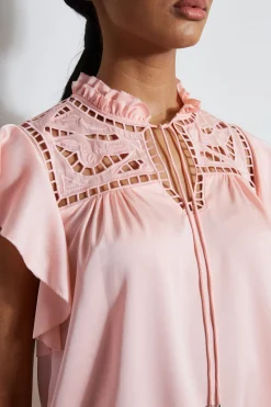 Elie Tahari Silk Embroidered Flutter Sleeve Shirt- Tops & Sweaters