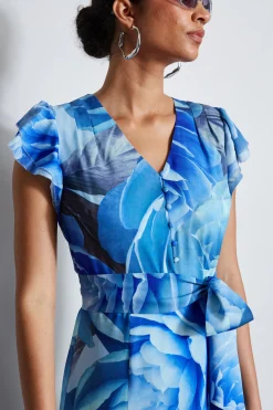 Elie Tahari Silk Fantasy Garden Midi Dress- Dresses & Jumpsuits|Short Sleeve Dresses