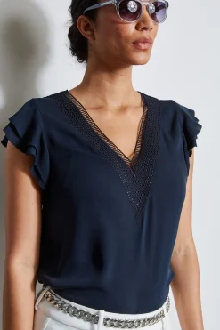 Elie Tahari Silk Flutter Sleeve Embroidered Shirt- Tops & Sweaters