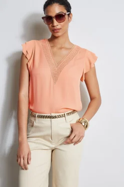 Elie Tahari Silk Flutter Sleeve Embroidered Shirt- Tops & Sweaters