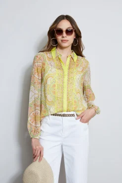 Elie Tahari Silk Mosaic Tile Button Down Shirt- Tops & Sweaters