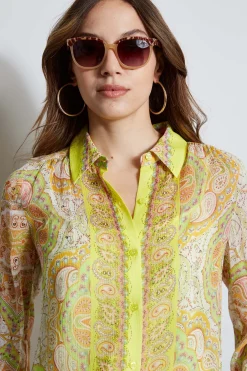 Elie Tahari Silk Mosaic Tile Button Down Shirt- Tops & Sweaters