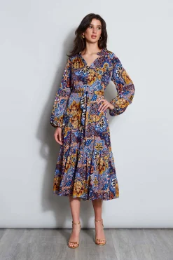 Elie Tahari Silk Night Garden Midi Dress- Dresses & Jumpsuits|Long Sleeve Dresses