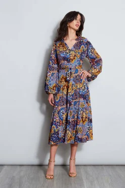 Elie Tahari Silk Night Garden Midi Dress- Dresses & Jumpsuits|Long Sleeve Dresses