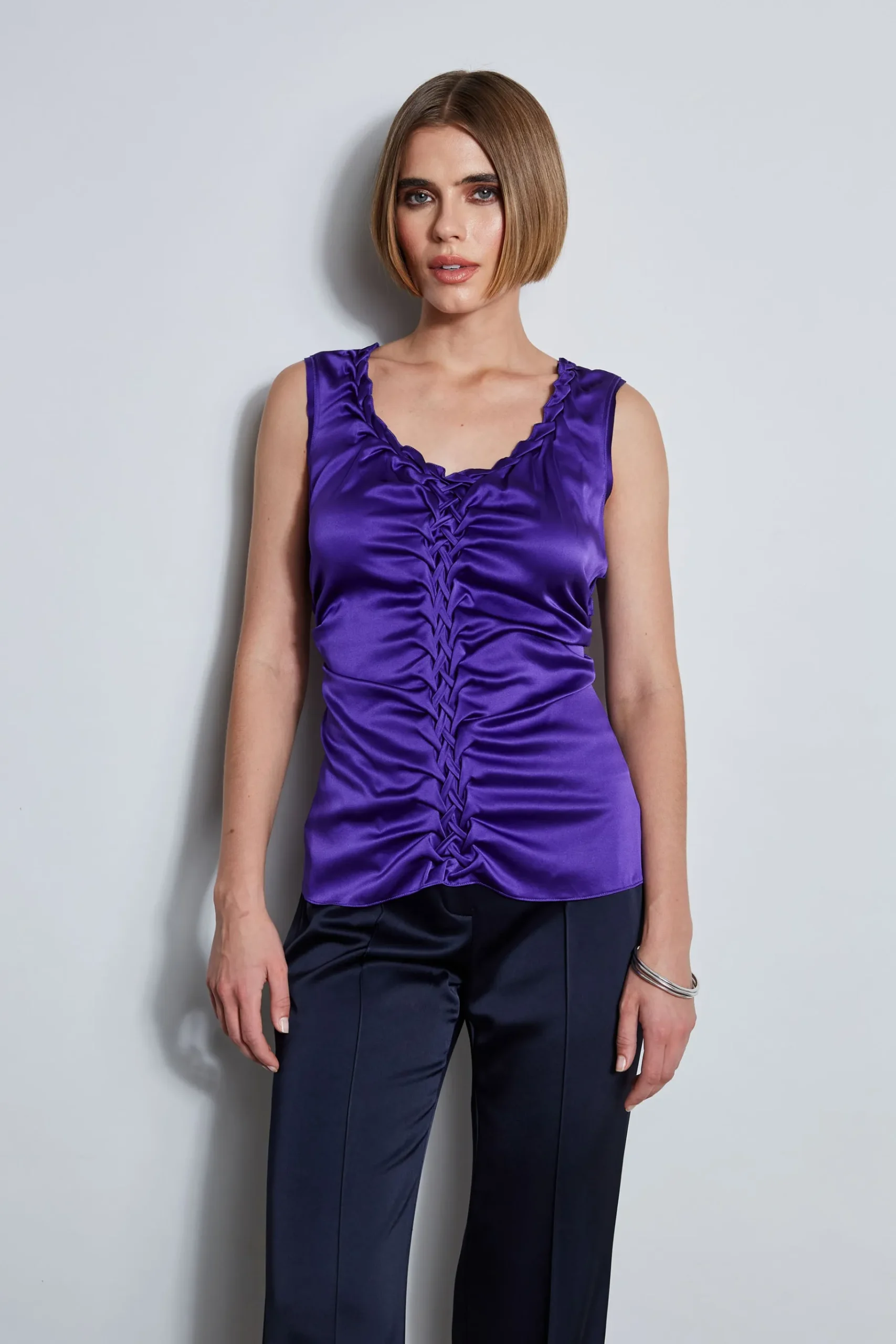 Elie Tahari Silk Satin Braid Ruched Top- Tops & Sweaters