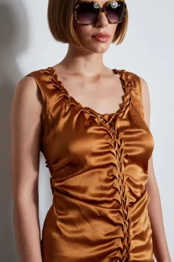 Elie Tahari Silk Satin Braid Ruched Top- Tops & Sweaters