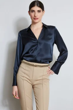 Elie Tahari Silk Satin Button Down Shirt- Tops & Sweaters