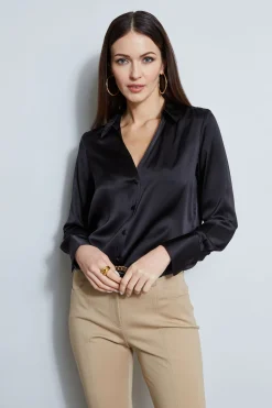 Elie Tahari Silk Satin Button Down Shirt- Tops & Sweaters