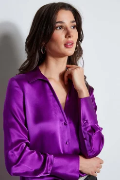 Elie Tahari Silk Satin Button Down Shirt- Tops & Sweaters|Suiting