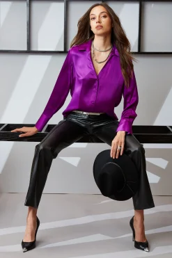 Elie Tahari Silk Satin Button Down Shirt- Tops & Sweaters|Suiting