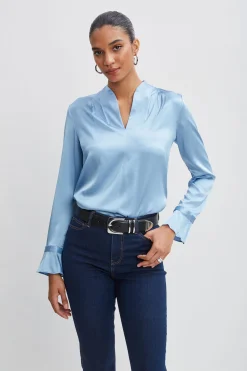 Elie Tahari Silk Satin Contour Neck Ruffle Cuff Shirt- Tops & Sweaters