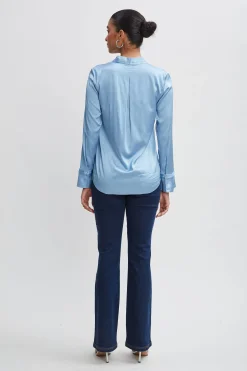 Elie Tahari Silk Satin Contour Neck Ruffle Cuff Shirt- Tops & Sweaters