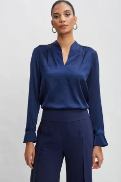 Elie Tahari Silk Satin Contour Neck Ruffle Cuff Shirt- Tops & Sweaters