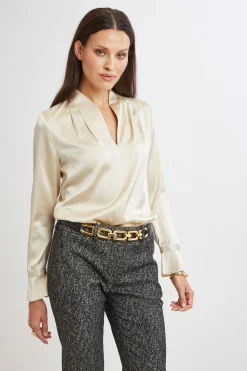 Elie Tahari Silk Satin Contour Neck Ruffle Cuff Shirt- Tops & Sweaters|Suiting