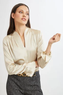 Elie Tahari Silk Satin Contour Neck Ruffle Cuff Shirt- Tops & Sweaters|Suiting