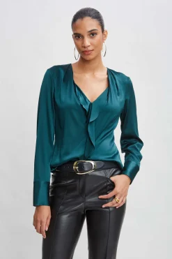 Elie Tahari Silk Satin Contour Ruffle Shirt- Tops & Sweaters