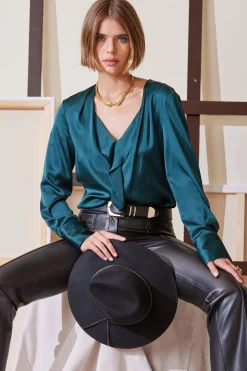 Elie Tahari Silk Satin Contour Ruffle Shirt- Tops & Sweaters