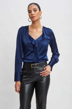 Elie Tahari Silk Satin Contour Ruffle Shirt- Tops & Sweaters