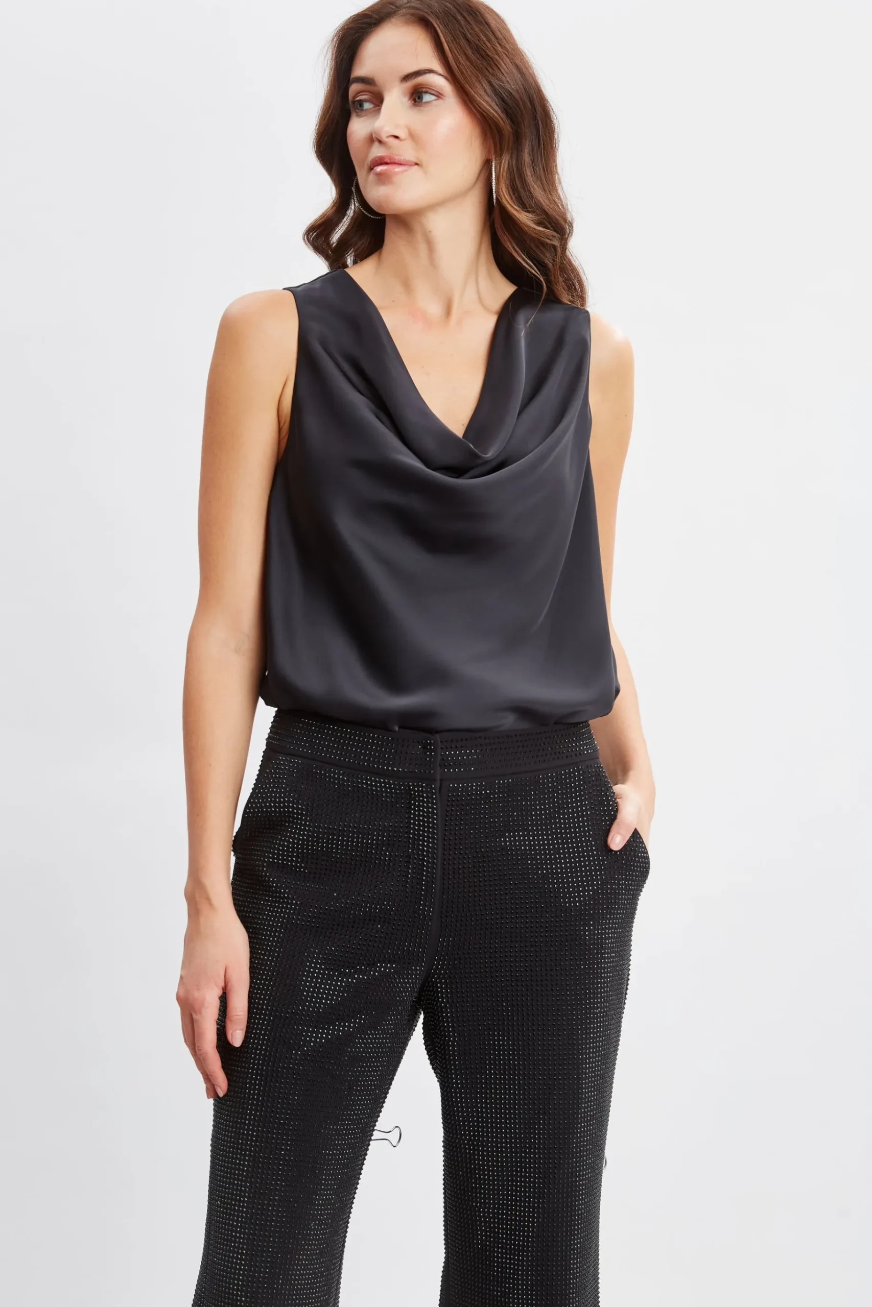 Elie Tahari Silk Satin Cowl Neck Top- Tops & Sweaters