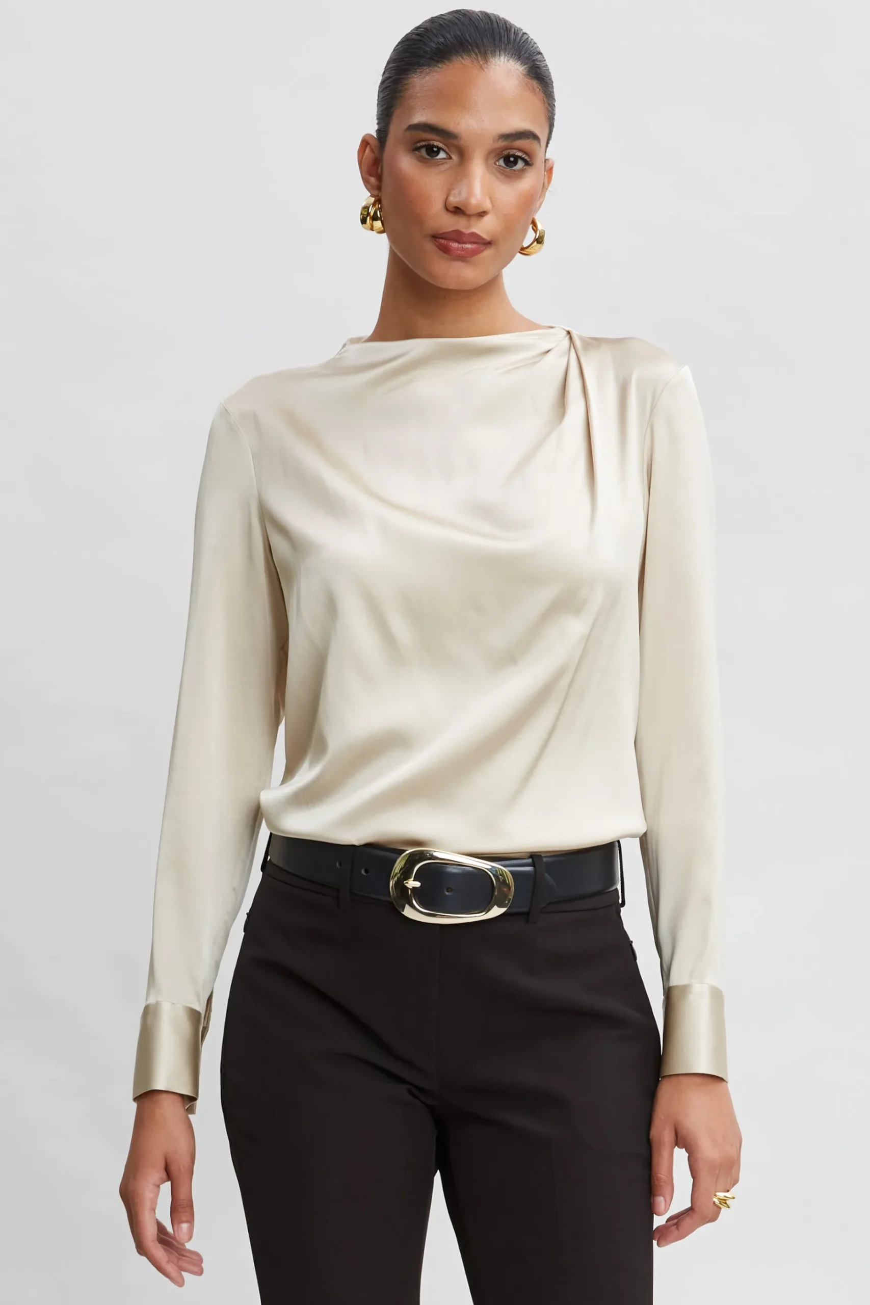 Elie Tahari Silk Satin Draped Neck Shirt- Tops & Sweaters