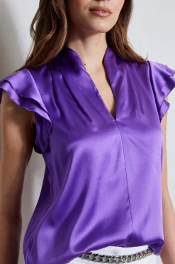 Elie Tahari Silk Satin Flutter Sleeve Shirt- Tops & Sweaters