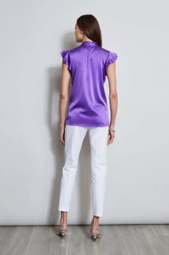 Elie Tahari Silk Satin Flutter Sleeve Shirt- Tops & Sweaters