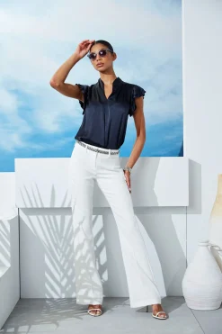 Elie Tahari Silk Satin Flutter Sleeve Shirt- Tops & Sweaters