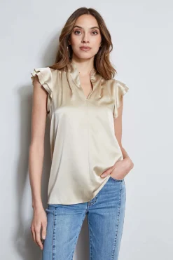 Elie Tahari Silk Satin Flutter Sleeve Shirt- Tops & Sweaters