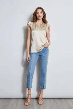 Elie Tahari Silk Satin Flutter Sleeve Shirt- Tops & Sweaters