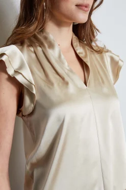 Elie Tahari Silk Satin Flutter Sleeve Shirt- Tops & Sweaters