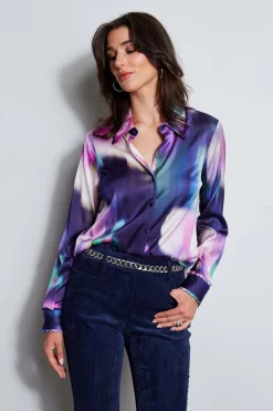 Elie Tahari Silk Satin Moire Floral Shirt- Tops & Sweaters