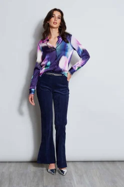 Elie Tahari Silk Satin Moire Floral Shirt- Tops & Sweaters