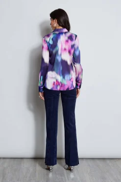 Elie Tahari Silk Satin Moire Floral Shirt- Tops & Sweaters
