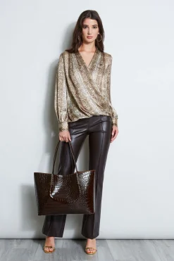 Elie Tahari Silk Satin Python Draped Shirt- Tops & Sweaters
