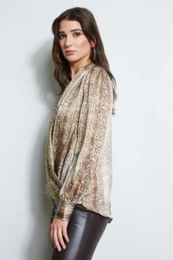 Elie Tahari Silk Satin Python Draped Shirt- Tops & Sweaters
