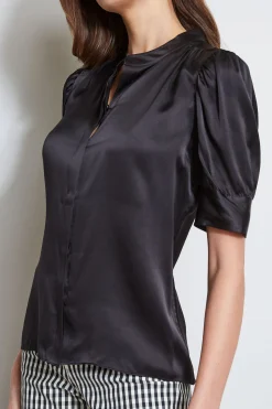 Elie Tahari Silk Satin Ruched Sleeve Shirt- Tops & Sweaters