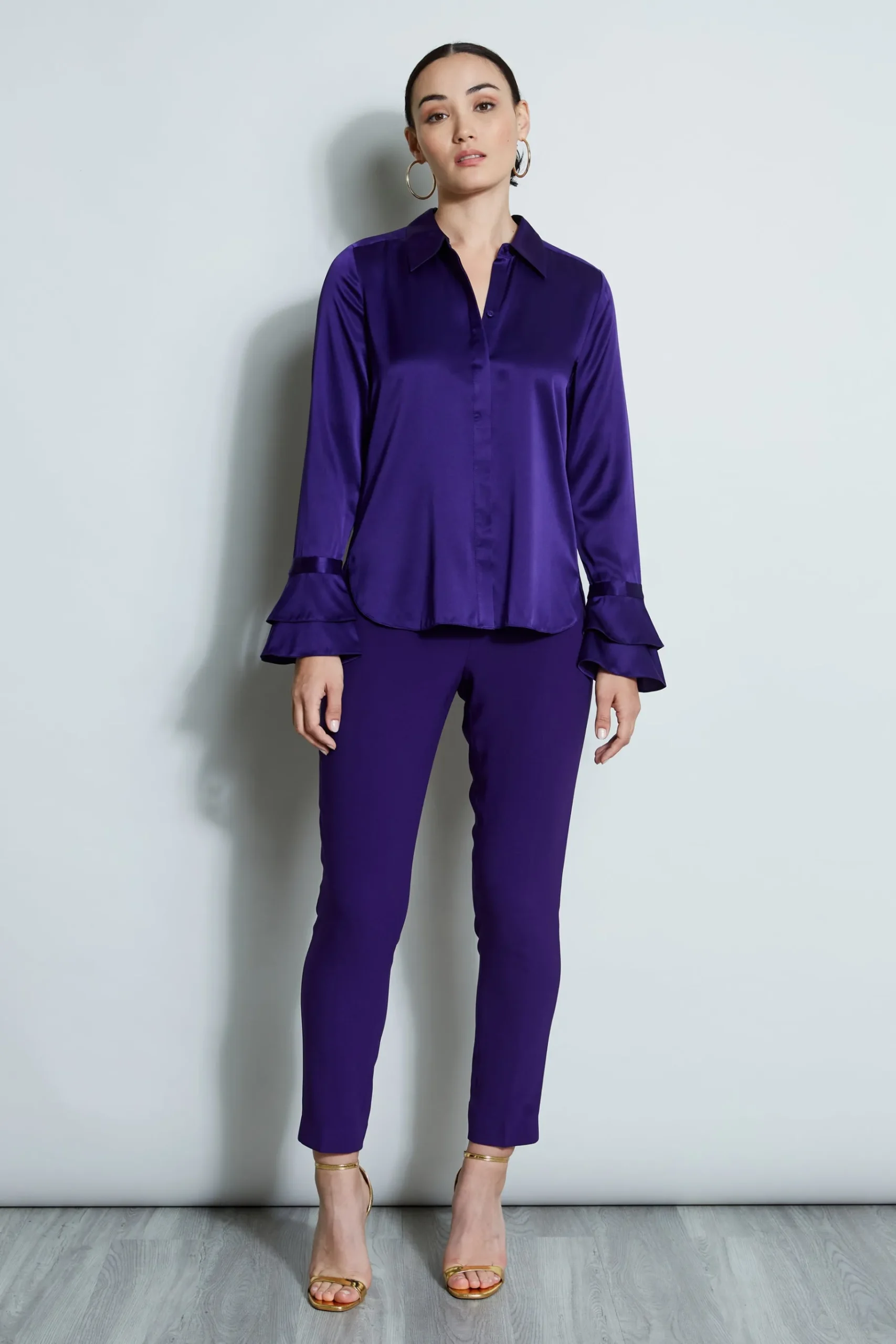 Elie Tahari Silk Satin Ruffle Cuff Shirt- Tops & Sweaters