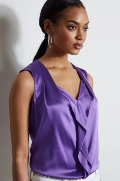 Elie Tahari Silk Satin Sleeveless Cascade Shirt- Tops & Sweaters