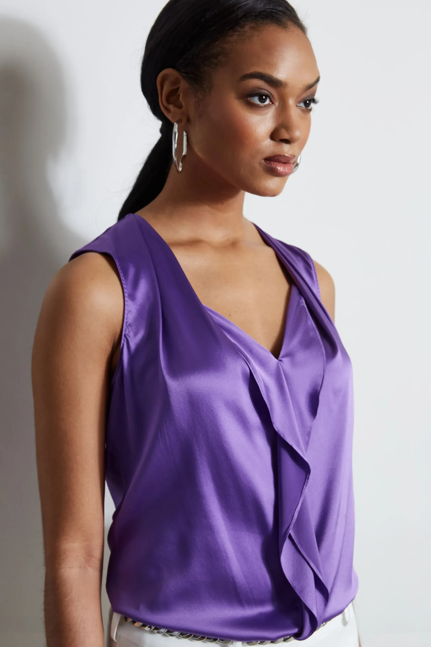 Elie Tahari Silk Satin Sleeveless Cascade Shirt- Tops & Sweaters