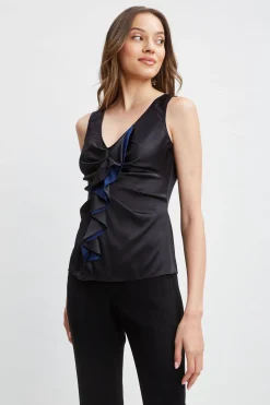Elie Tahari Silk Satin Sleeveless Ruffle Top- Tops & Sweaters