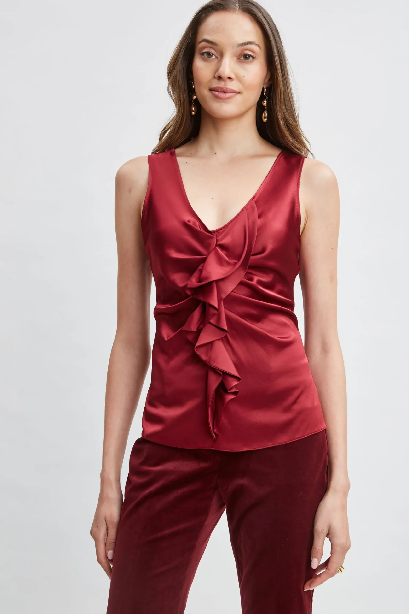 Elie Tahari Silk Satin Sleeveless Ruffle Top- Tops & Sweaters