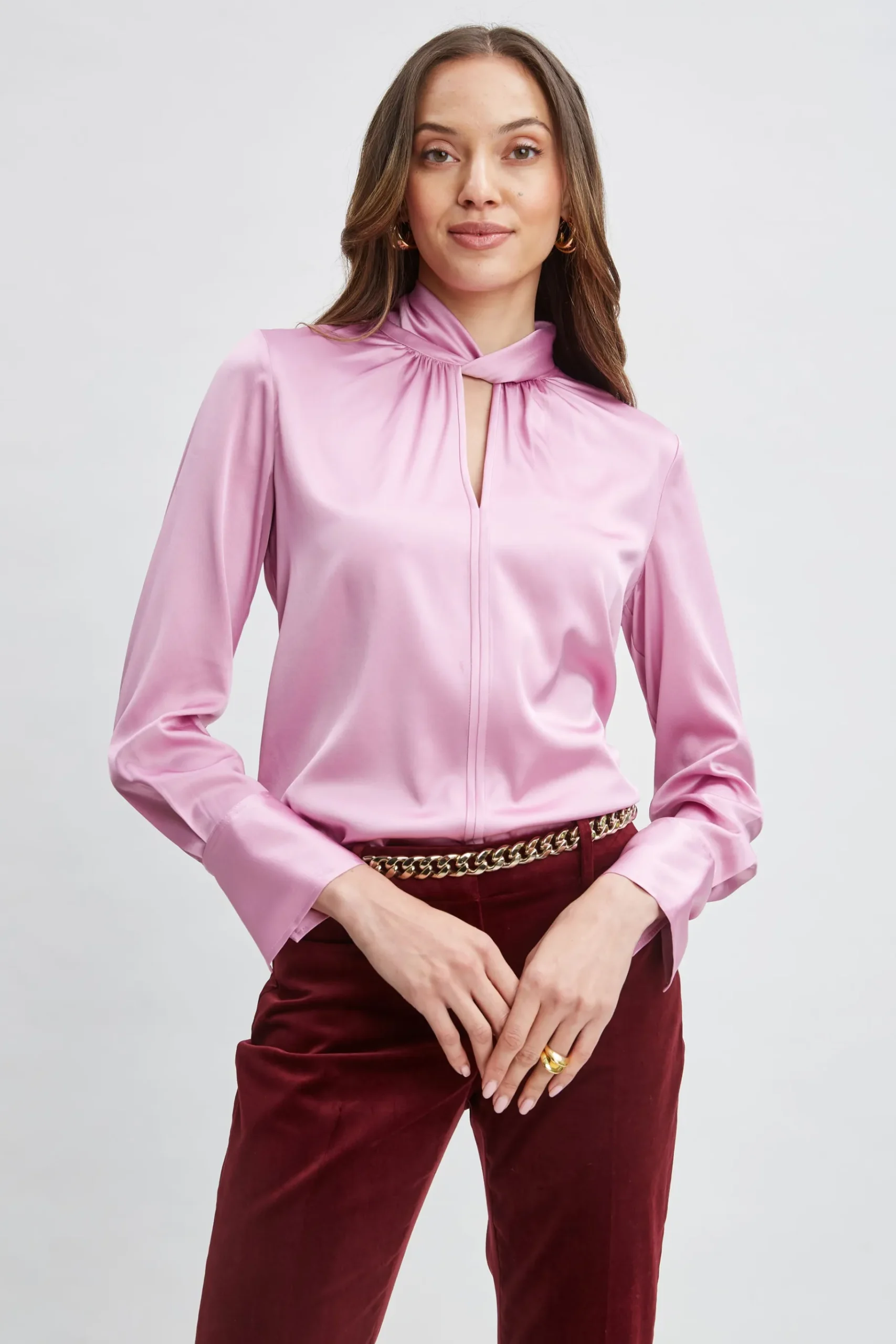 Elie Tahari Silk Satin Twist Neck Shirt- Tops & Sweaters