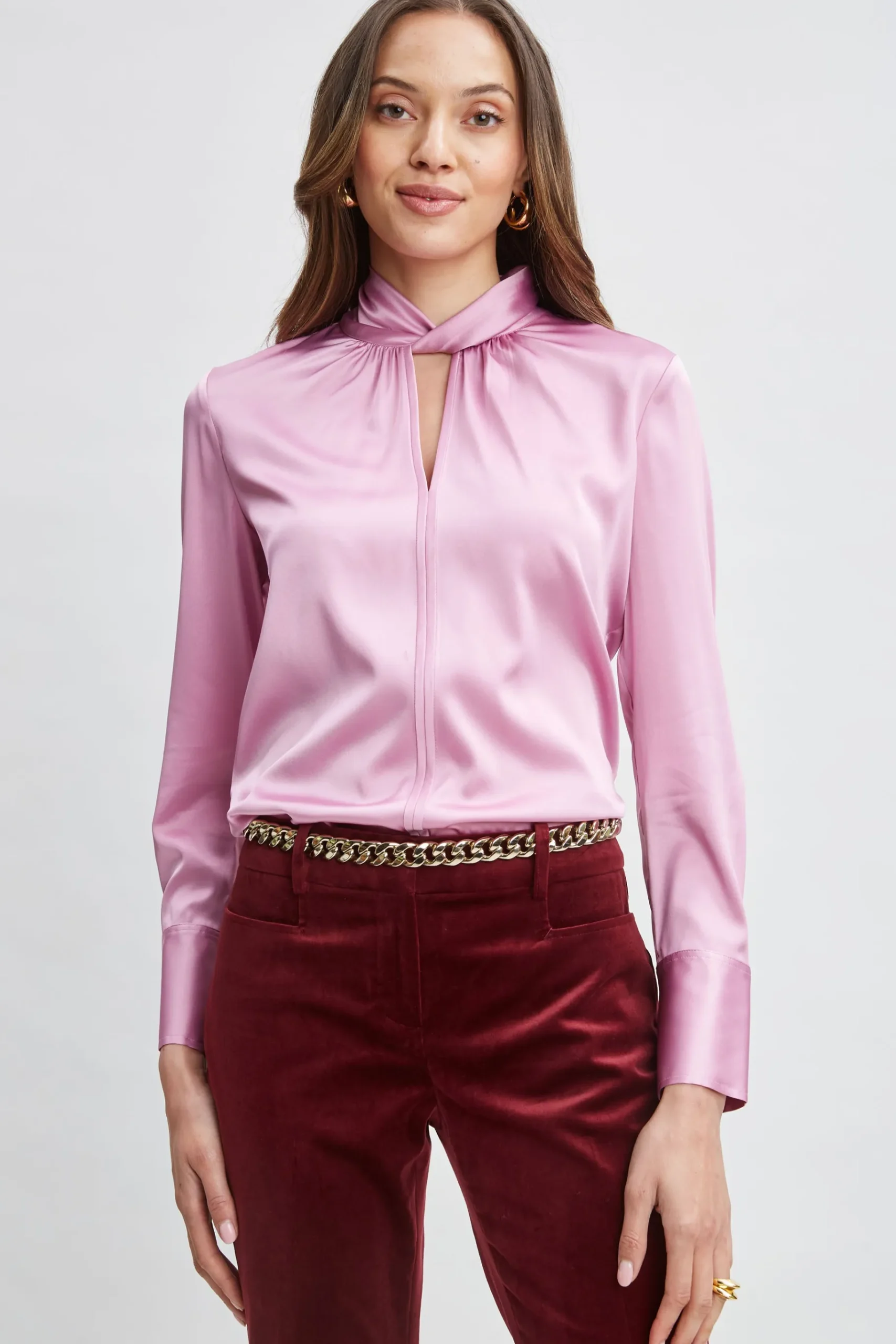 Elie Tahari Silk Satin Twist Neck Shirt- Tops & Sweaters