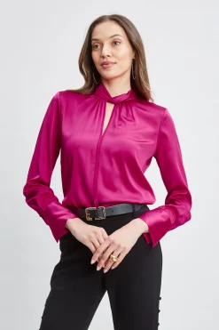 Elie Tahari Silk Satin Twist Neck Shirt- Tops & Sweaters